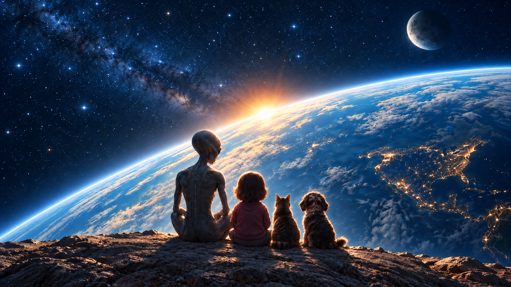 An alien, a child, a cat and a dog sitting together, watching the sun rise over Earth.